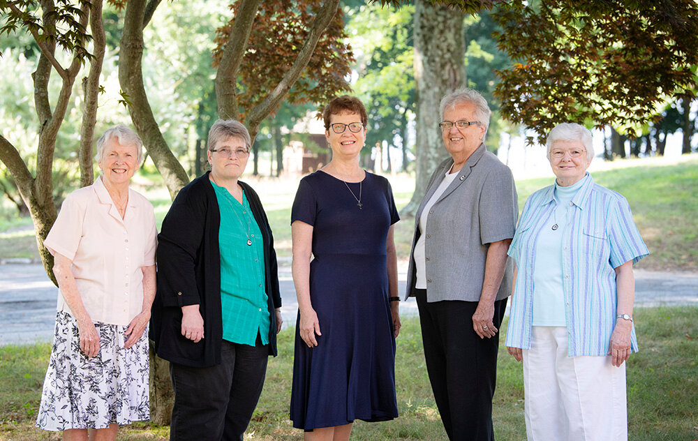 Dominican Sisters of Hope, from left, Sisters Catherine (Cass)  McDonnell, Connie Kelly, Pat Magee, Margaret Anderson, Liz Menard..Mount Saint Mary College, summer, SURE